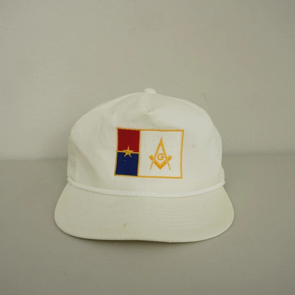 Vintage 90s Texas Freemason Masonic Square Compass Rope Brim Snapback Hat White